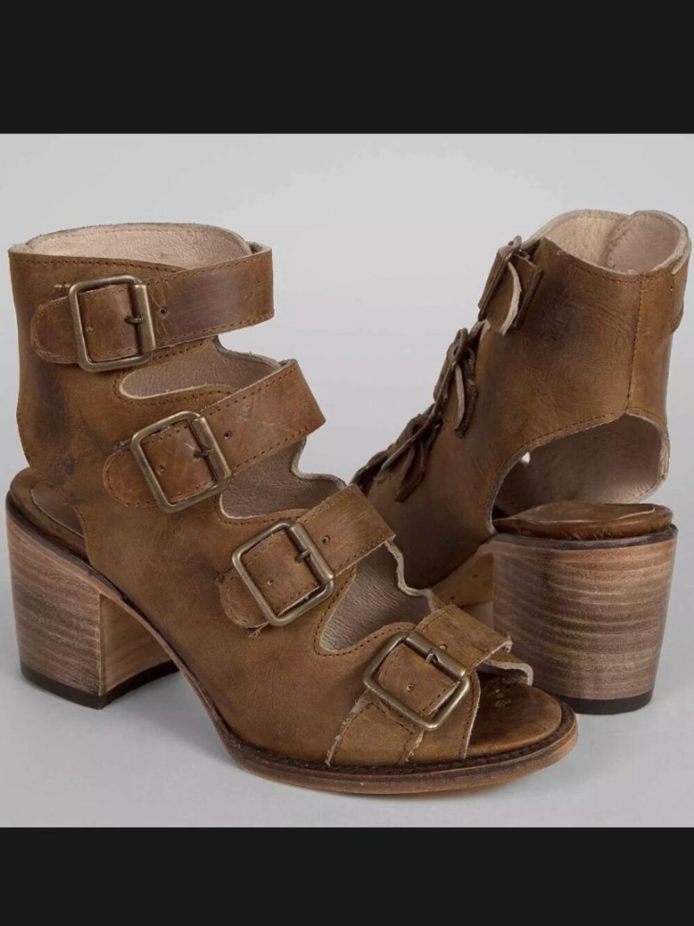 FREEBIRD by STEVEN Quail Leather Sandal Size 6 Heel Brown Bootie Buckle Strap